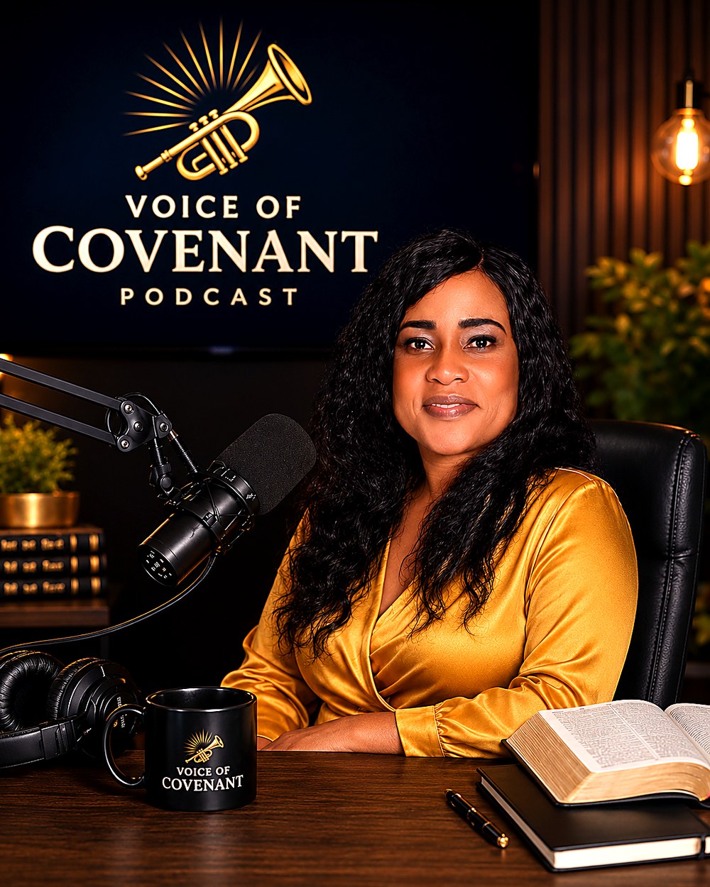Micheline Nelson at the Voice of Covenant podcast studio